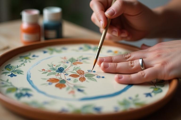Primo piano di mani che dipingono un piatto in ceramica con motivi floreali.