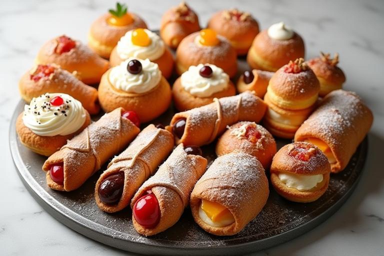 Assortimento di pasticcini tradizionali italiani, come cannoli e bignè, su un vassoio.