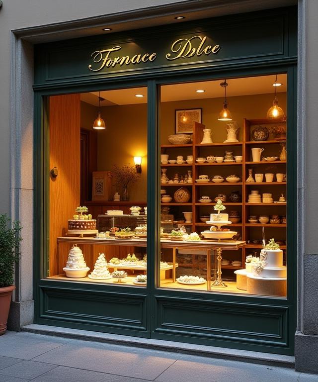 La vetrina esterna di Fornace Dolce a Firenze, con torte e ceramiche in esposizione.